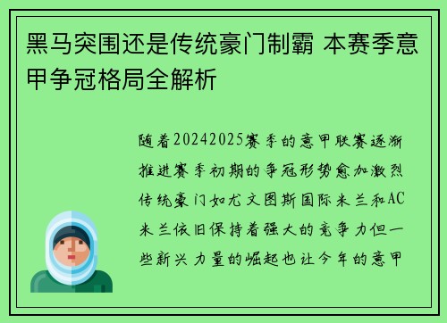 黑马突围还是传统豪门制霸 本赛季意甲争冠格局全解析